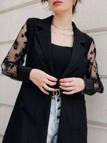 Modelyn Contrast Mesh Sleeve Belted Coat - Black - View 4