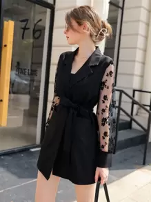 Modelyn Contrast Mesh Sleeve Belted Coat - Black - View 5