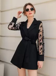 Modelyn Contrast Mesh Sleeve Belted Coat - Black - View 6