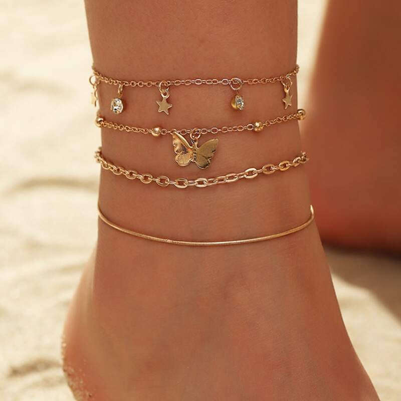 

3pcs Butterfly Charm Chain Anklet, Gold