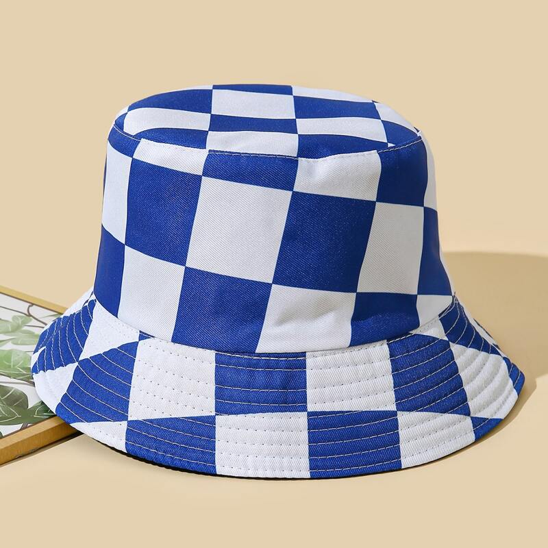 

Grid Reversible Bucket Hat, Blue and white