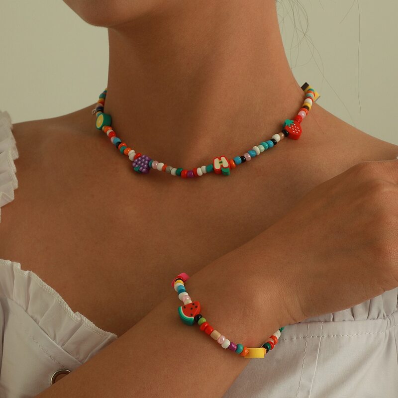 

1pc Fruit Decor Beaded Necklace & 1pc Bracelet, Multicolor