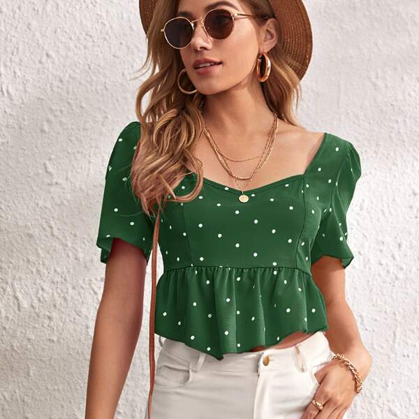

Puff Sleeve Polka-dot Peplum Top, Dark green