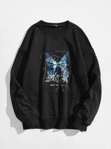 SHEIN Unity Butterfly & Letter Print Drop Shoulder Sweatshirt - Black - View 1
