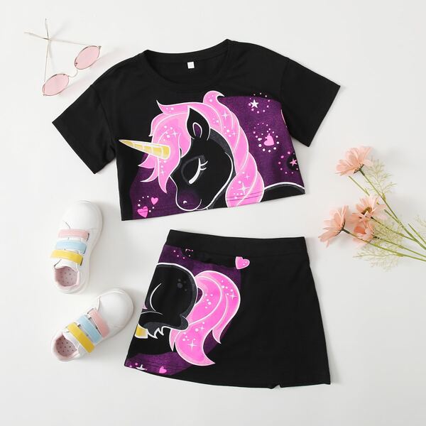 

Girls Cartoon Graphic Tee & Skirt, Black