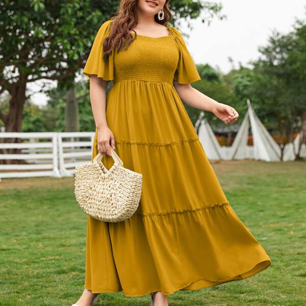 

Plus Butterfly Sleeve Shirred Maxi Dress, Yellow