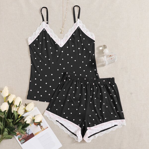 

Lace Trim Polka Dot PJ Set, Black