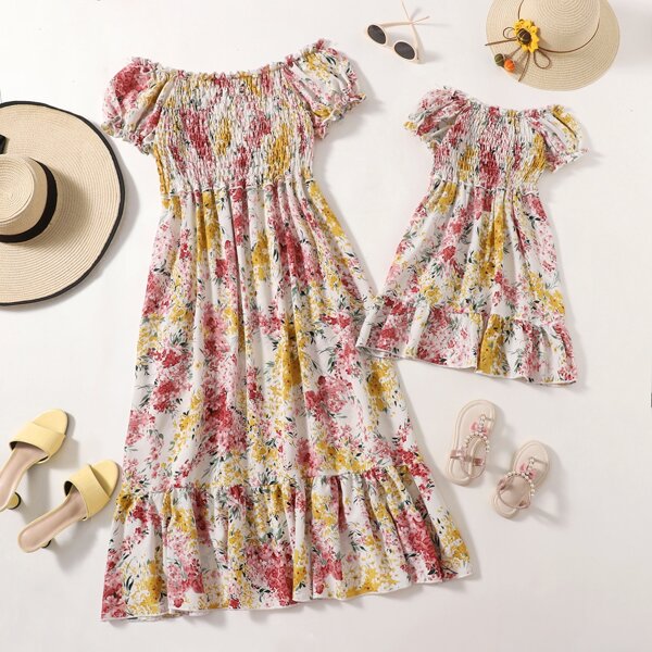 

Floral Bardot Shirred Ruffle Hem Dress, Multicolor