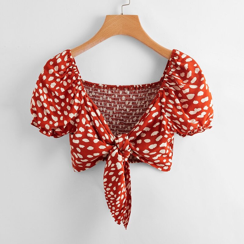 

Dalmatian Tie Front Shirred Crop Top, Red
