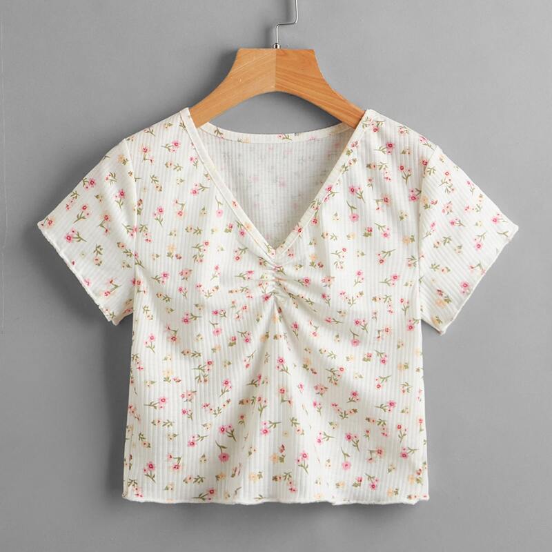 

Ditsy Floral Ruched Ribbed Tee, Multicolor