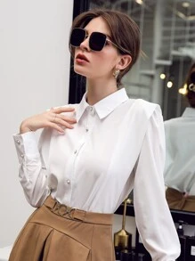 Modelyn Solid Button Front Shirt - White - View 6