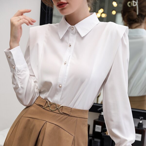 

Solid Button Front Blouse, White