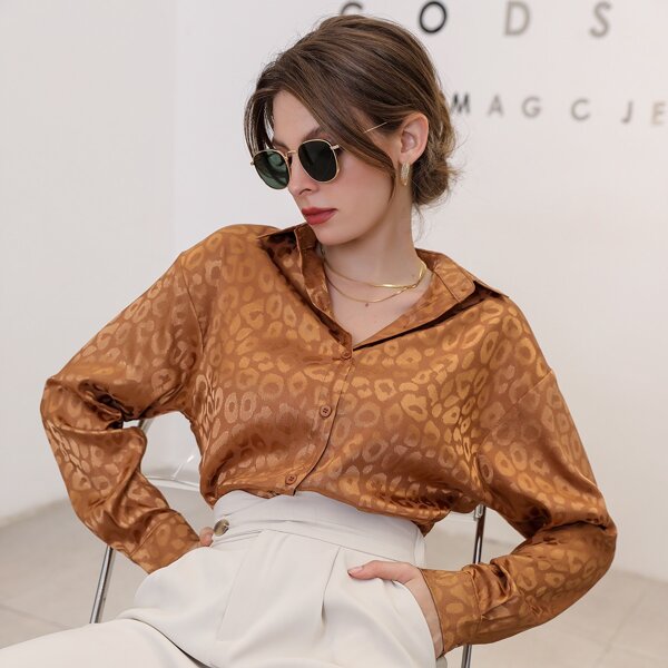 

Button Front Jacquard Satin Blouse, Chocolate brown
