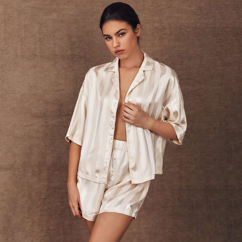 

Satin Lapel Collar Night Set, Apricot