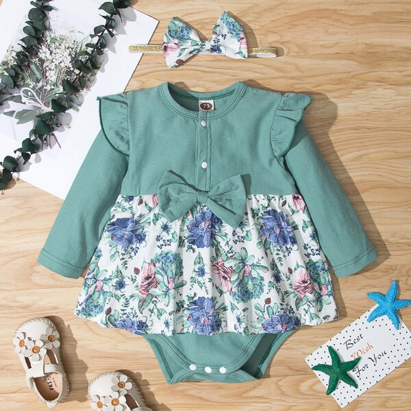 

Baby Floral Bow Front Combo Bodysuit Dress With Headband, Multicolor