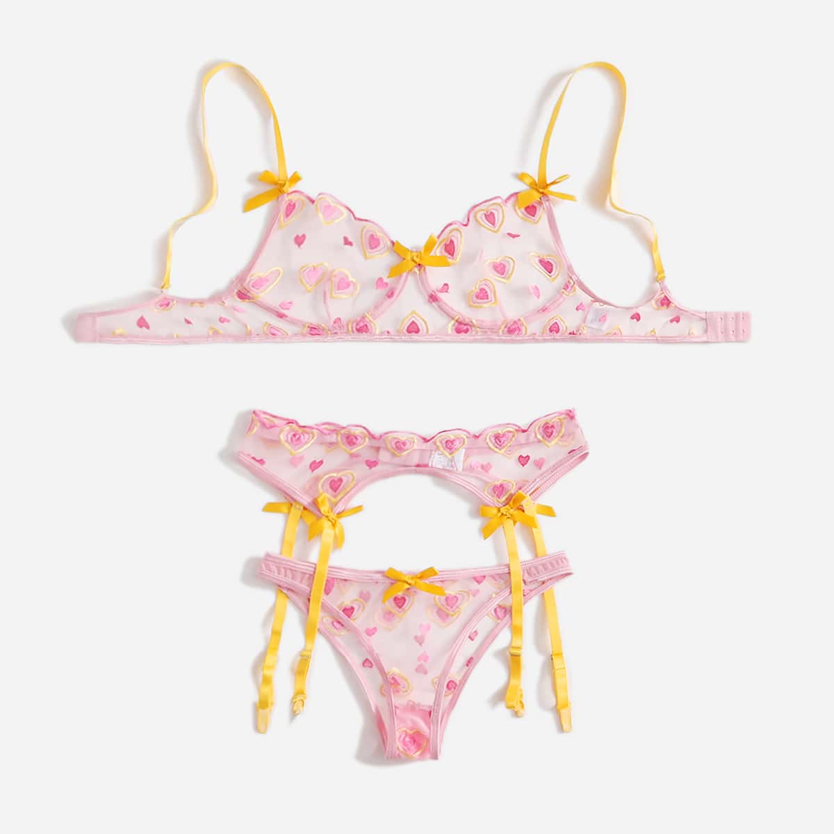 

3pack Heart Embroidered Mesh Garter Lingerie Set, Pink