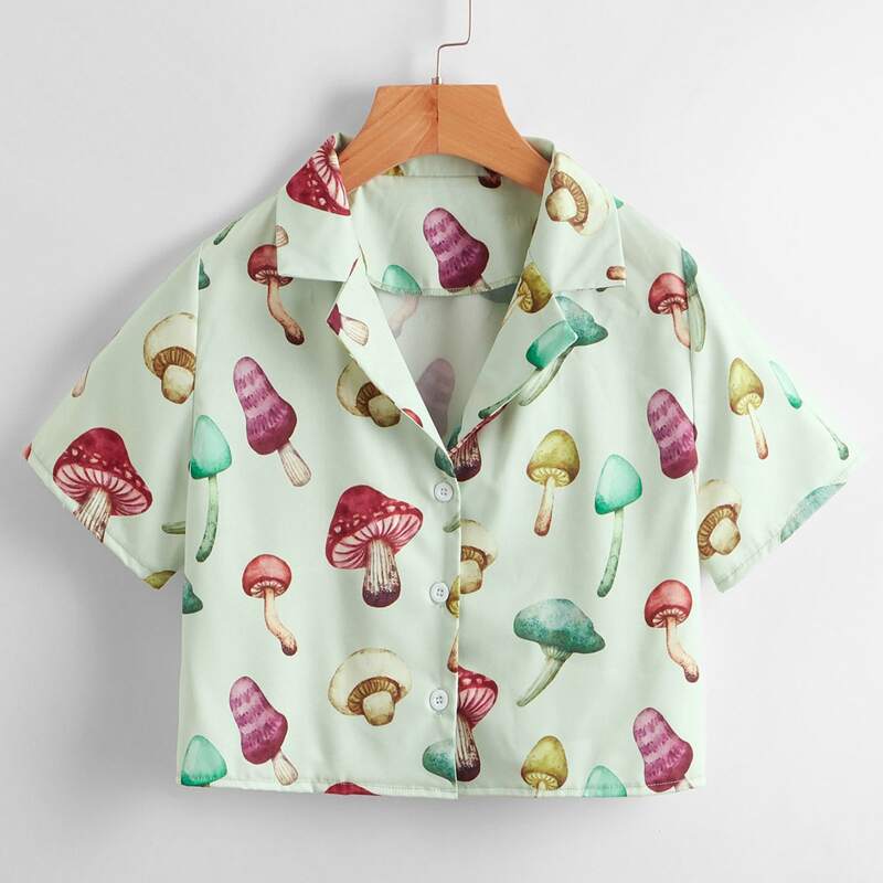 

Mushroom Graphic Button Front Crop Blouse, Multicolor