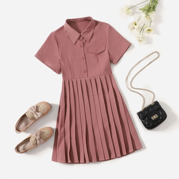 

Solid Button Front Shirt Dress, Pink