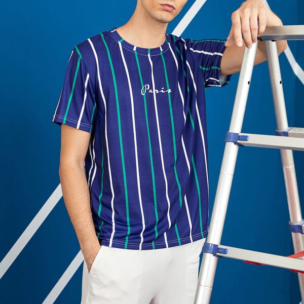 

Men Striped & Letter Graphic Print Tee, Blue