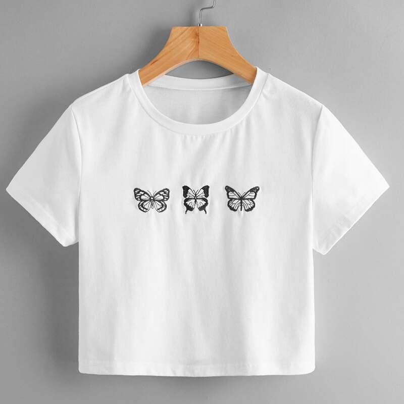 

Butterfly Embroidery Crop Tee, White