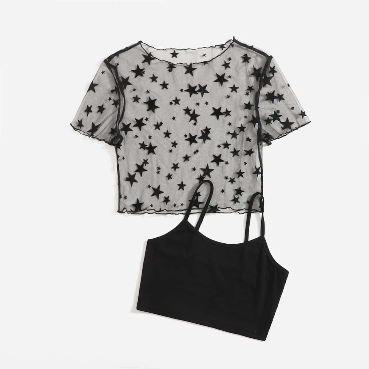 

Galaxy Mesh Top & Solid Crop Cami, Black