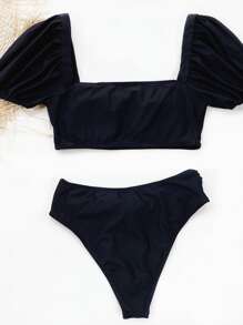 Knot Front Short Sleeve Bikini Set, For Summer Beach Vacation