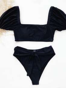 Knot Front Short Sleeve Bikini Set, For Summer Beach Vacation