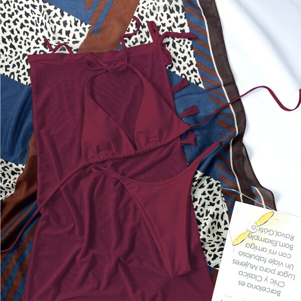 

3pack Triangle Thong Bikini Swimsuit & Cover Up, Burgundy