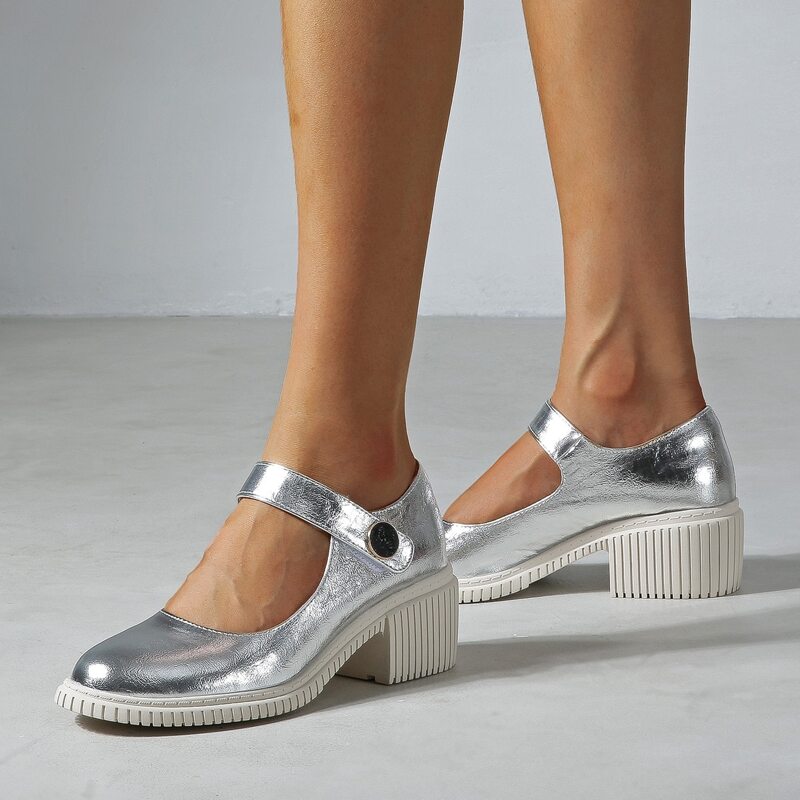 

Metallic Chunky Mary Jane Pumps, Silver