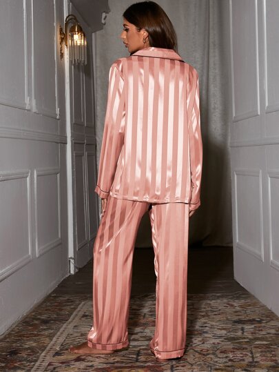 Moireta Contrast Binding Satijnen Pajama Set, Cozy Elegante s, Fall Clothes view 2