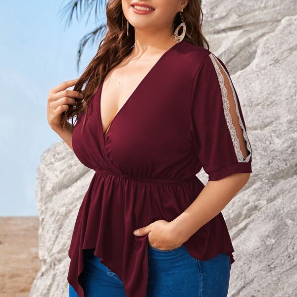 

Plus Contrast Lace Plunging Neck Tee, Burgundy