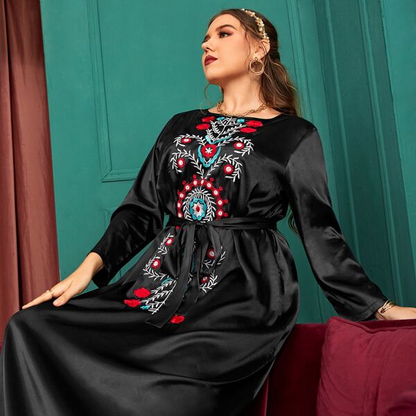 

Plus Floral Embroidery Belted Satin Dress, Black