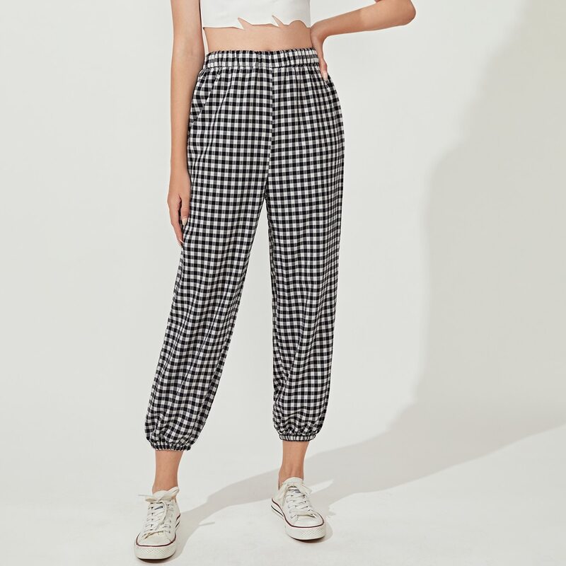 

Gingham Elastic Waist Pants, Black and white