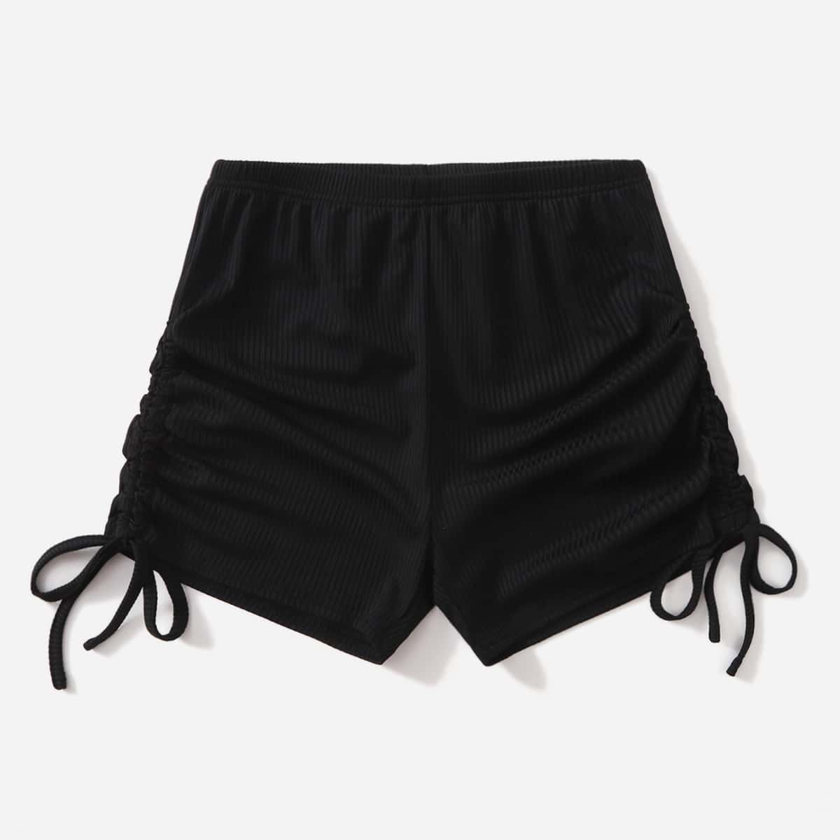 

Solid Drawstring Ruched Shorts, Black