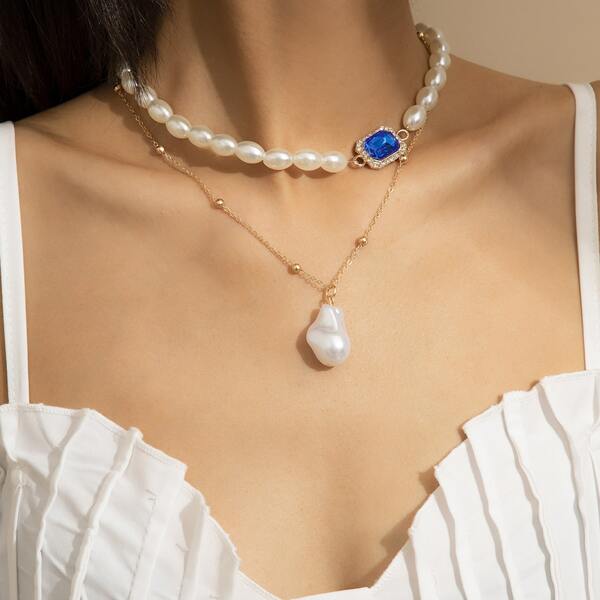 

2pcs Faux Pearl Decor Necklace, Gold