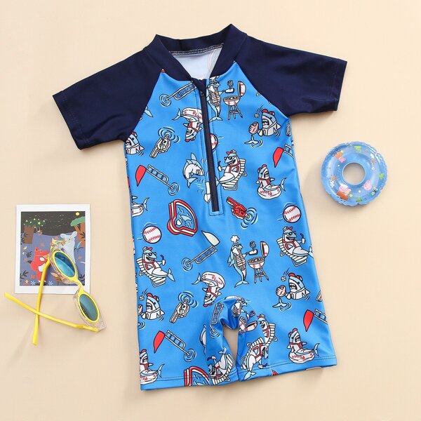 

Baby Boy Cartoon Graphic Zip Front One Piece Swimsuit, Blue