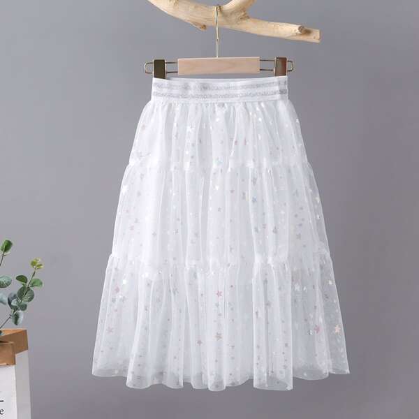 

Girls Star Print Ruffle Hem Tutu Skirt, White