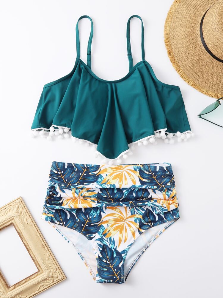Tropical Pom-Pom Trim Flounce Bikini Set Summer Beach - Multicolor - View 4