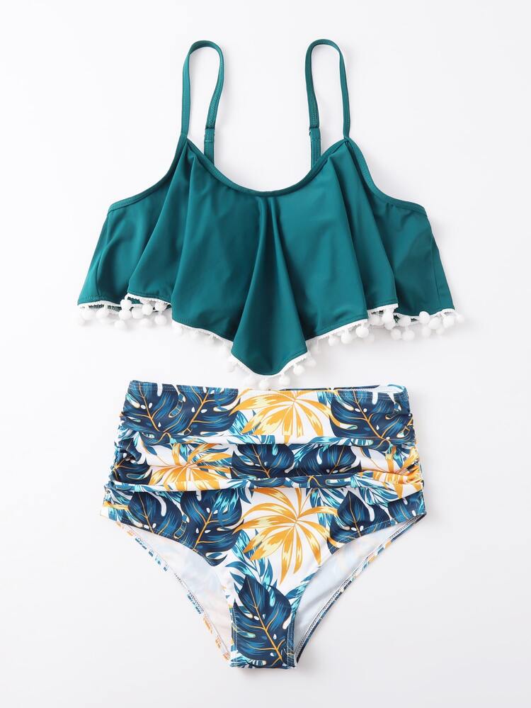 Tropical Pom-Pom Trim Flounce Bikini Set Summer Beach - Multicolor - View 5