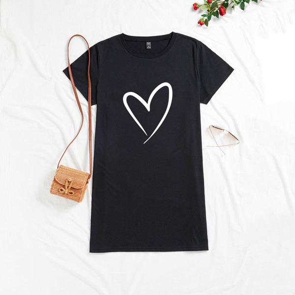 

Plus Heart Print Tee Dress, Black