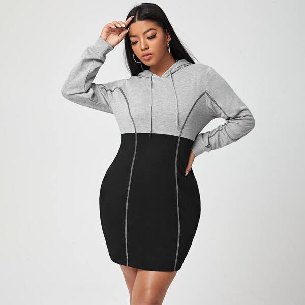 

Plus Two Tone Topstitching Drawstring Hooded Sweatshirt Dress, Grey