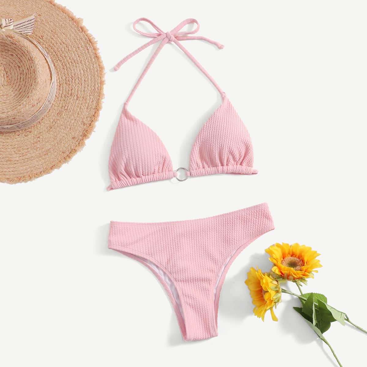 

Solid Ring Linked Bikini Swimsuit, Pink