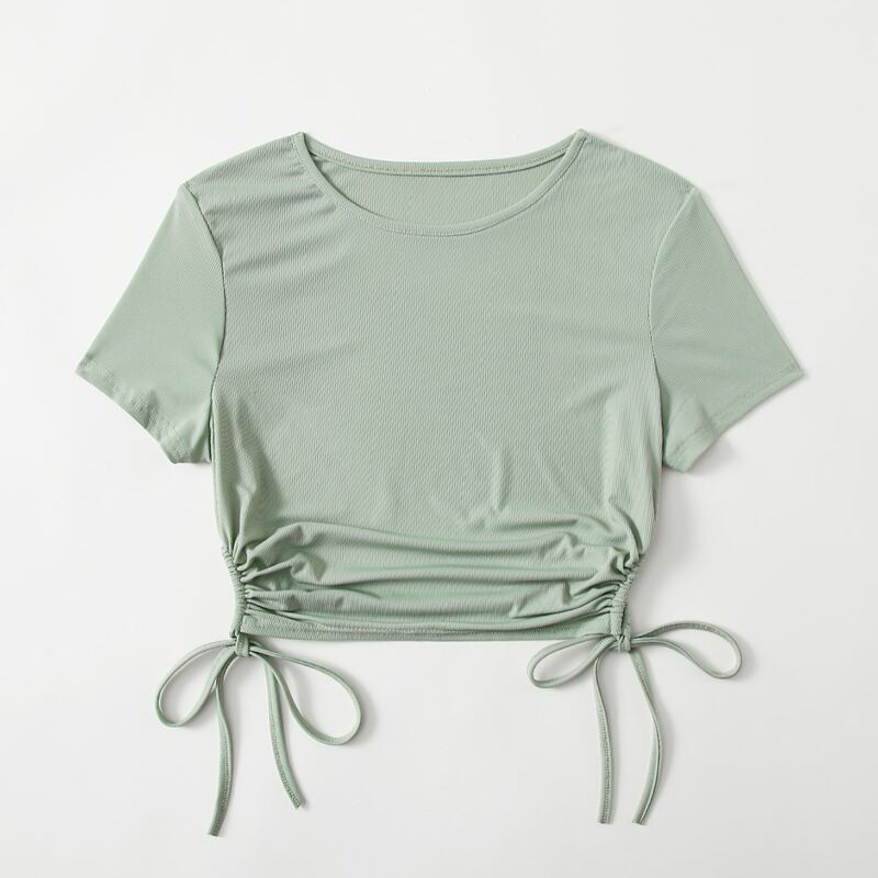 

Solid Drawstring Ruched Ribbed Crop Tee, Mint green