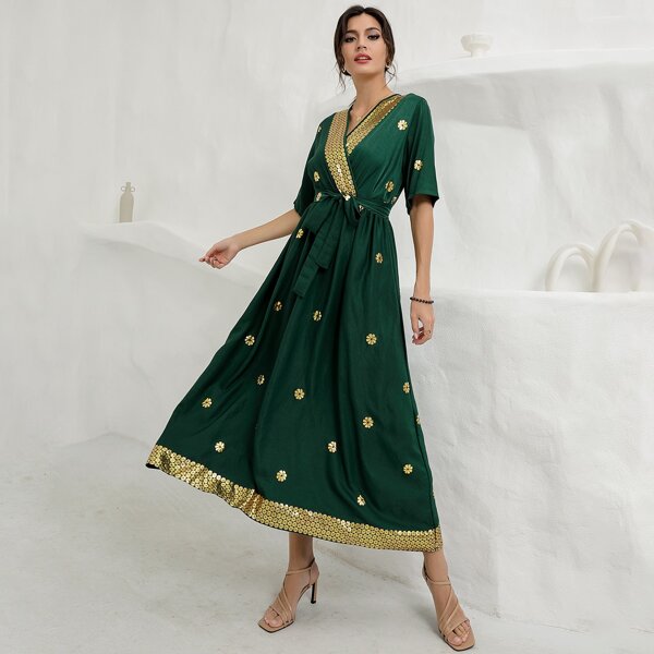 

Flower Gilding Belted Surplice Front Dress, Green