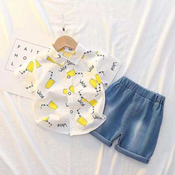 

Toddler Boys Juice Print Shirt With Denim Shorts, Multicolor
