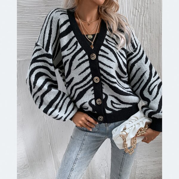 

Zebra Striped Button Up Drop Shoulder Cardigan, Multicolor
