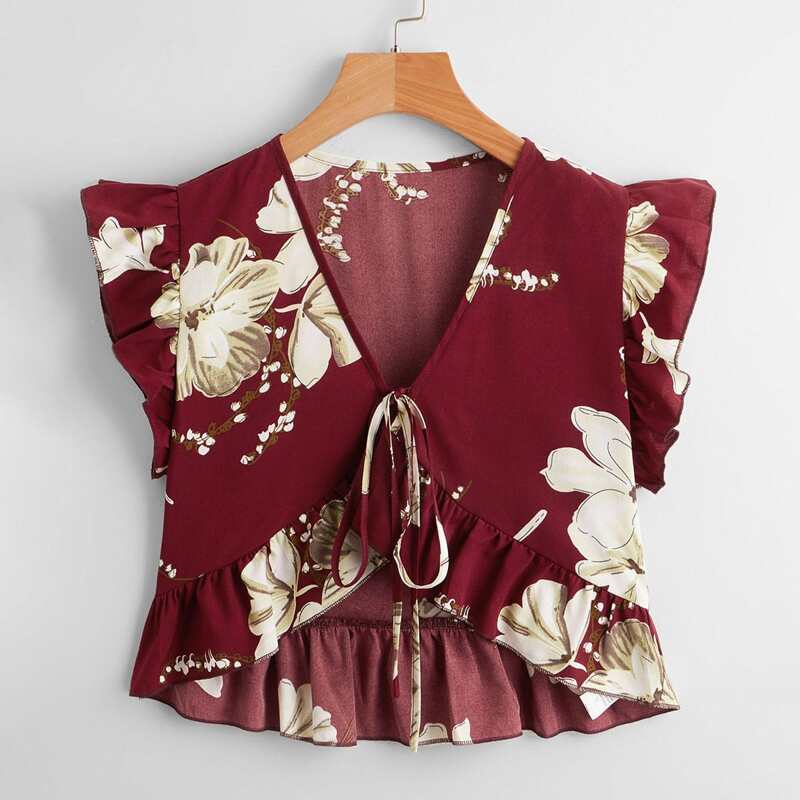 

Floral Tie Front Top, Burgundy
