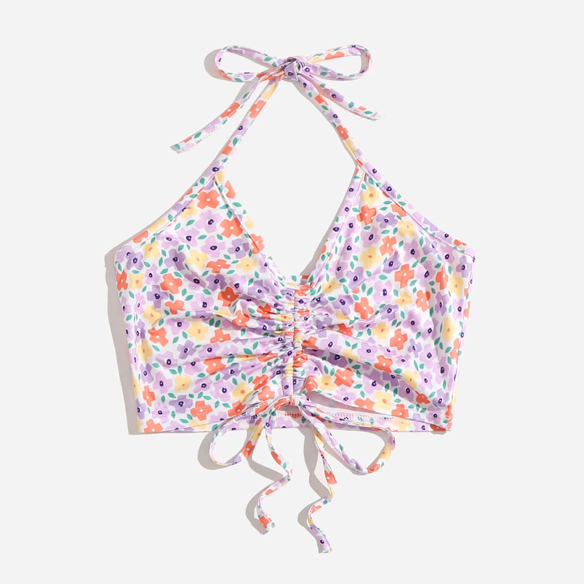 

Floral Graphic Drawstring Ruched Crop Halter Top, Multicolor