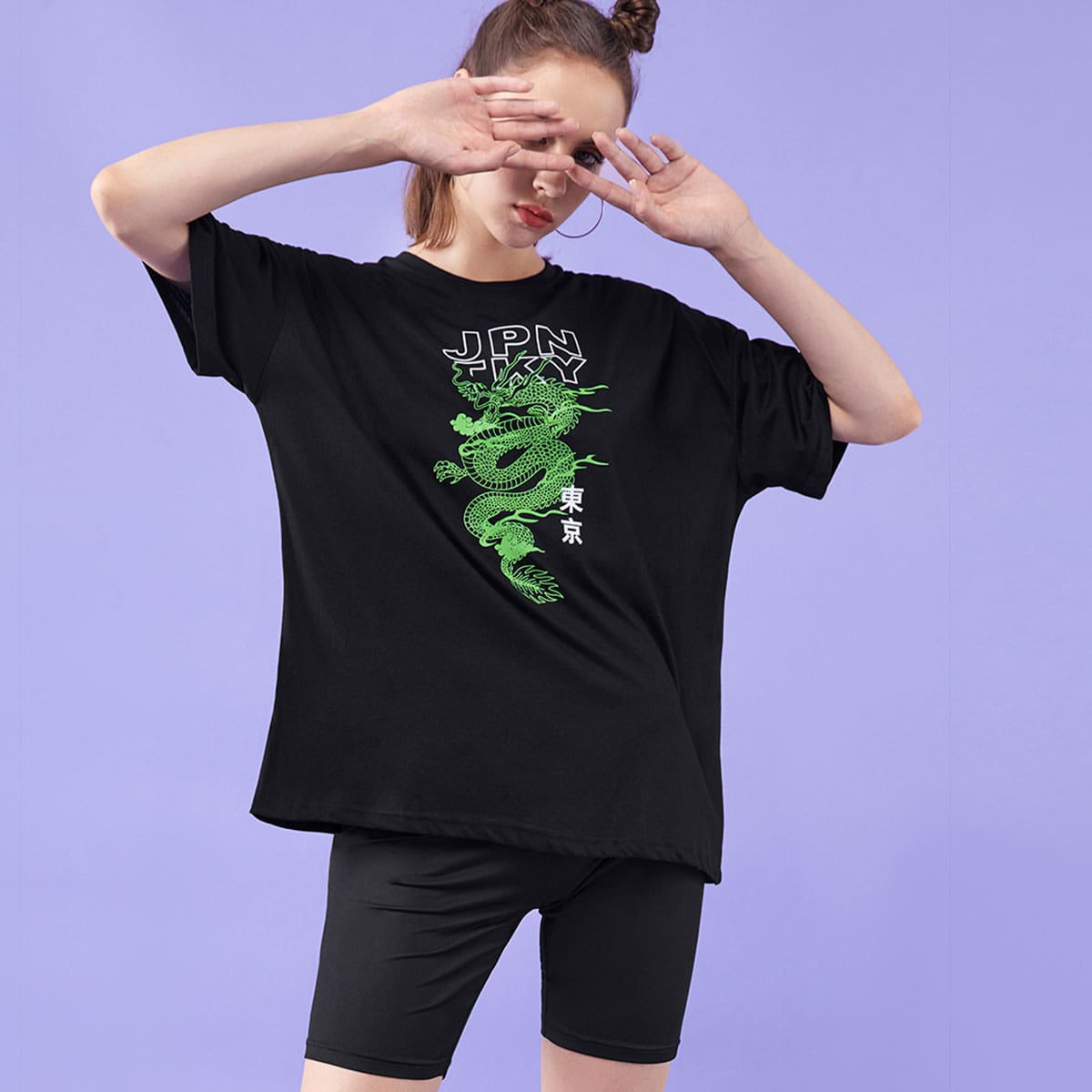 

Letter Chinese Dragon Graphic Oversized Tee, Black