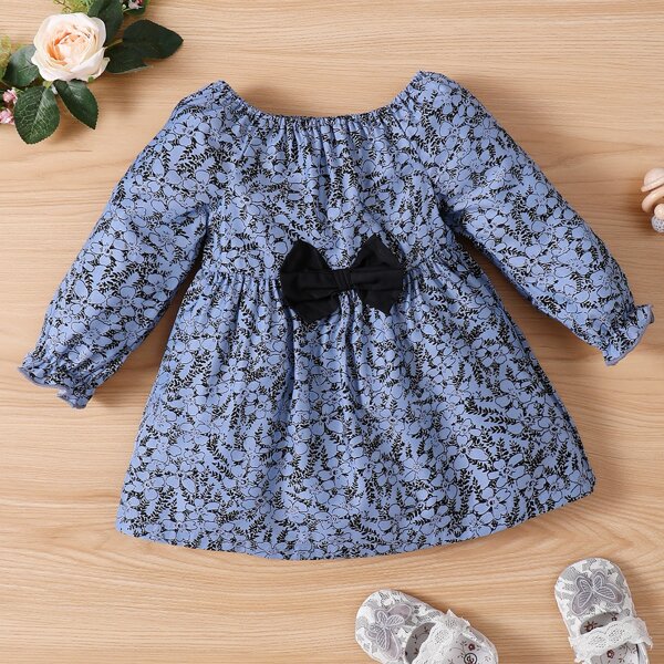 

Baby Allover Floral Print Flounce Sleeve Bow Front Babydoll Dress, Multicolor